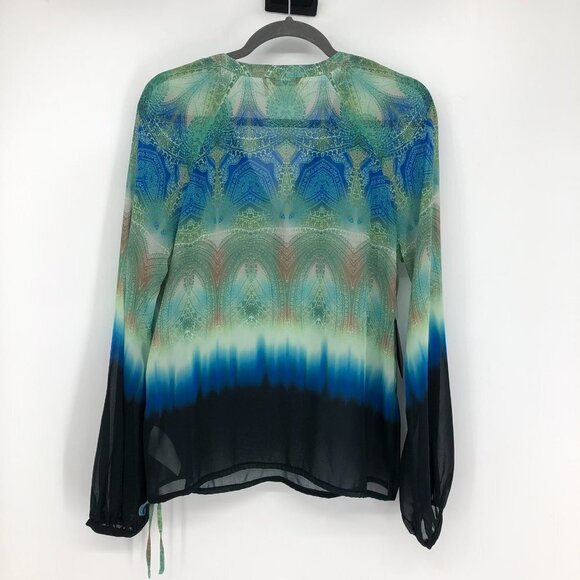 NWT Marciano paisley patterned green blue ombre long sleeve button neck top S - Picture 3 of 16